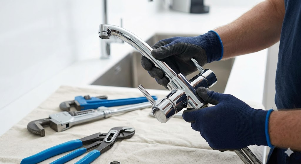 Marvico plumber holding a modern faucet installation