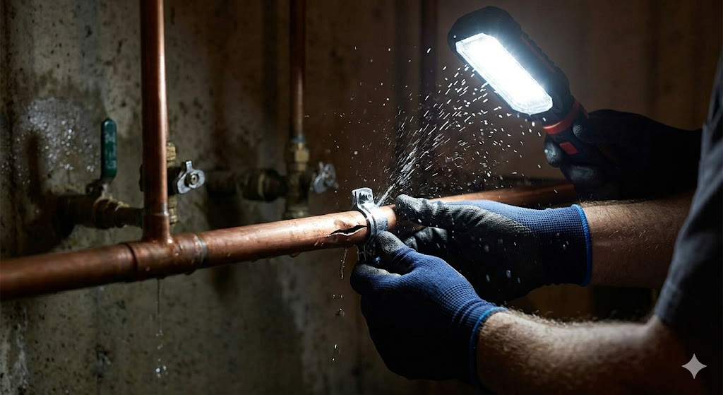 Technician repairing a leaking copper pipe with a work light